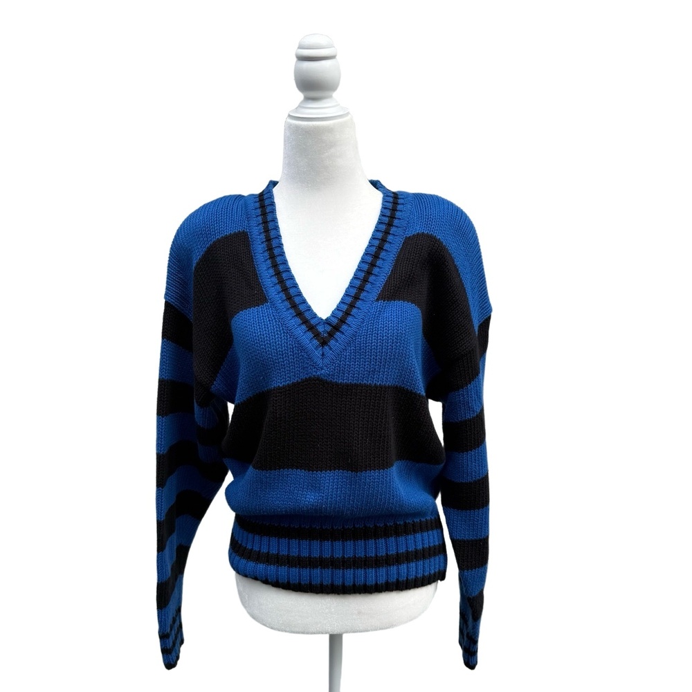 Vintage 80s Lizwear Blue Black Stripe V-Neck Cotton Sweater Korea M